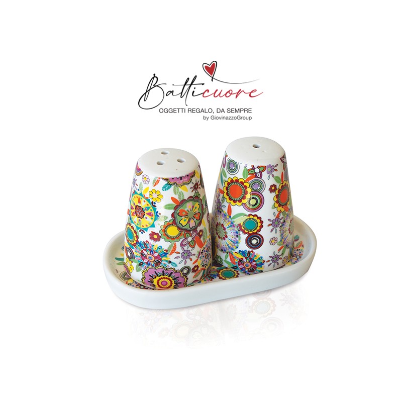 Set Sale e Pepe in porcellana decoro fiori,con piattino,con scatola bomboniera CM 14,5X7,7X8,5 CFN 1 CTN 24