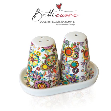 Set Sale e Pepe in porcellana decoro fiori,con piattino,con scatola bomboniera CM 14,5X7,7X8,5 CFN 1 CTN 24